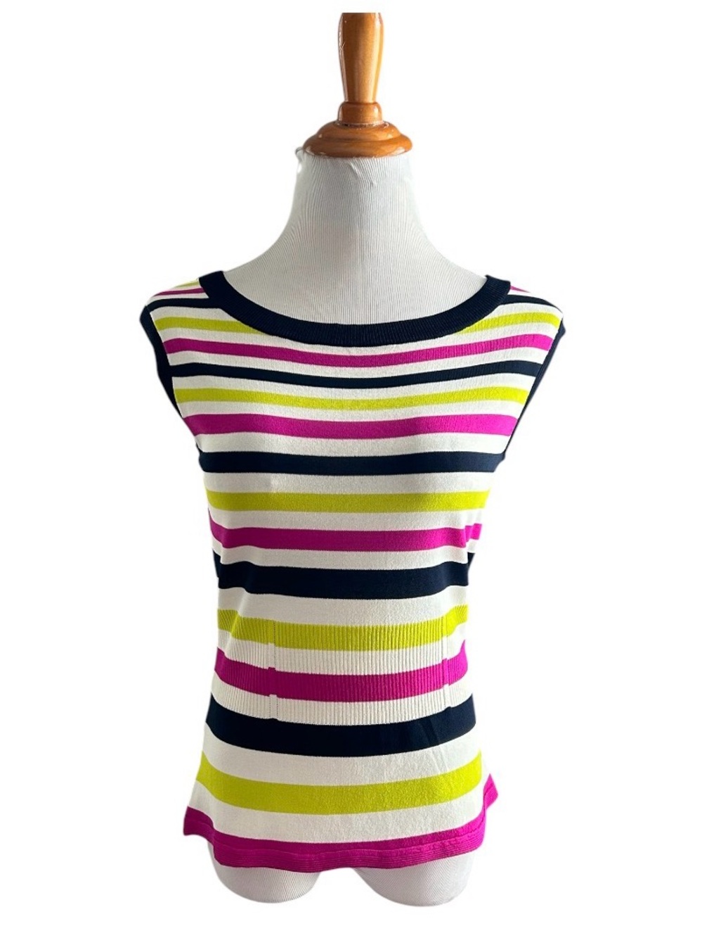 Ann Taylor Striped Sleeveless Tank in White, Pink & Lime with Navy Trim